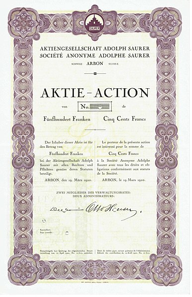 Aktie über 500 Franken der AG Adolph Saurer vom 19. März 1920